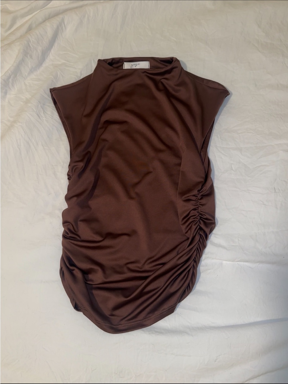 Sleeveless Mock Neck Ruched Tank Top - Brown